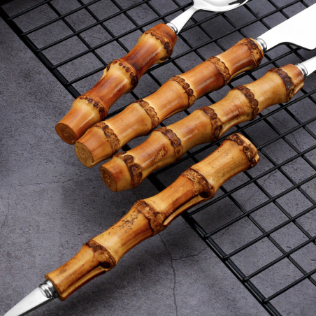 Acier inoxydable Vrai bambou Poignée Couteau Fourchette et Cuillère Set