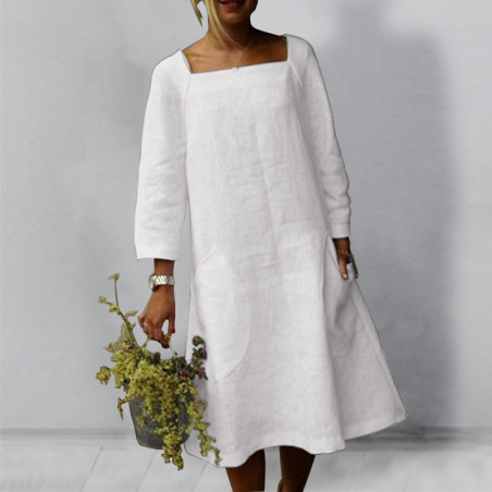 Nouvelle robe décontractée en coton et lin pour femmes de couleur uni