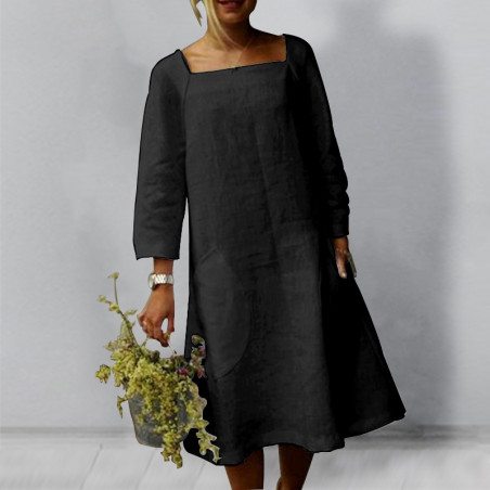 Nouvelle robe décontractée en coton et lin pour femmes de couleur uni