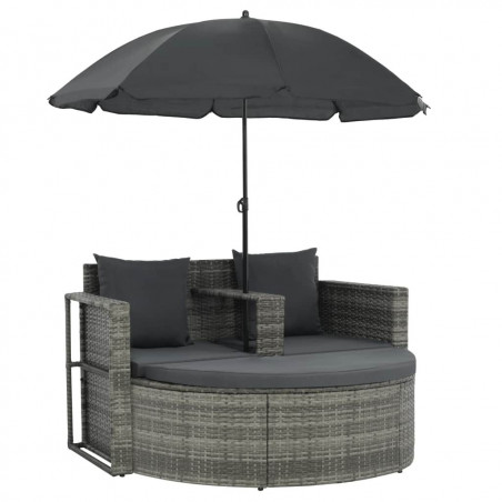 Canapé de jardin avec coussins et parasol Gris Résine tressée