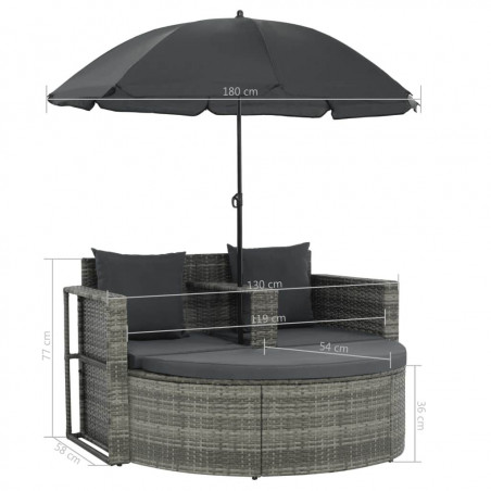 Canapé de jardin avec coussins et parasol Gris Résine tressée