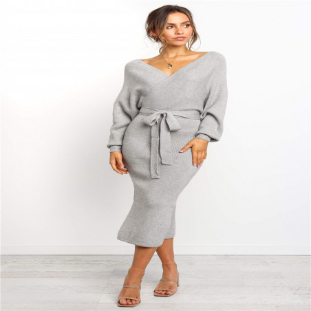 Robe pull à col en V en tricot de couleur unie de style explosif pour femmes