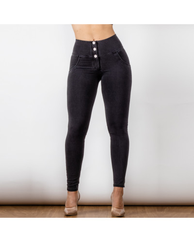 Noir Femmes Bouton Up Hip Augmenter Taille Haute Jeans