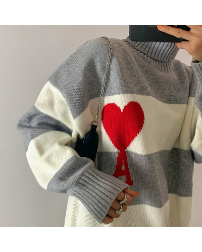 Ami de Coeur Oversize Funnel Neck Striped Sweater