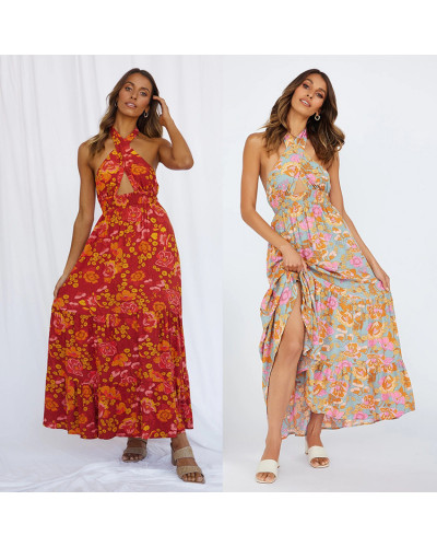 Nouvelle robe de vacances à lacets pour femmes Halter Split Print - Printemps et été européen et américain