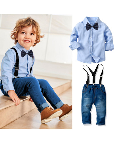 Costume bébé garçon en coton à manches longues col chemise denim bretelles pantalon