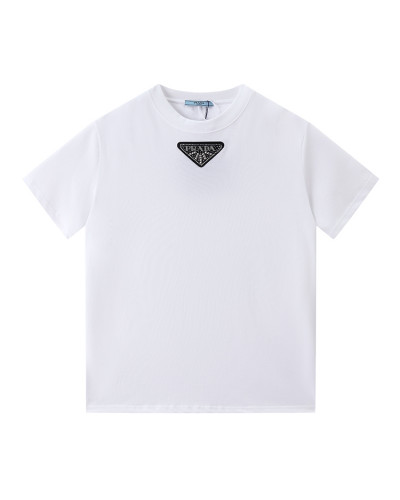PRADA T-shirt col rond bi matière coton broderie logo triangle strass clous
